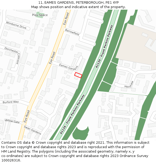 11, EAMES GARDENS, PETERBOROUGH, PE1 4YP: Location map and indicative extent of plot