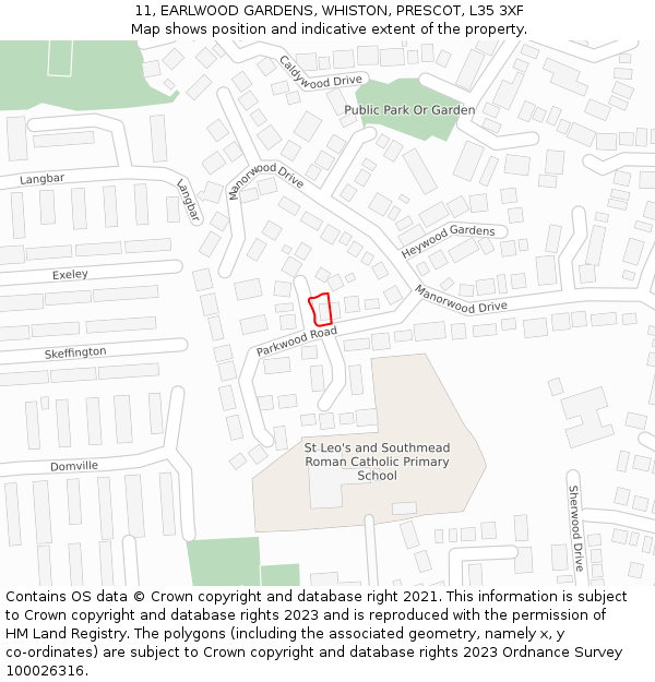 11, EARLWOOD GARDENS, WHISTON, PRESCOT, L35 3XF: Location map and indicative extent of plot