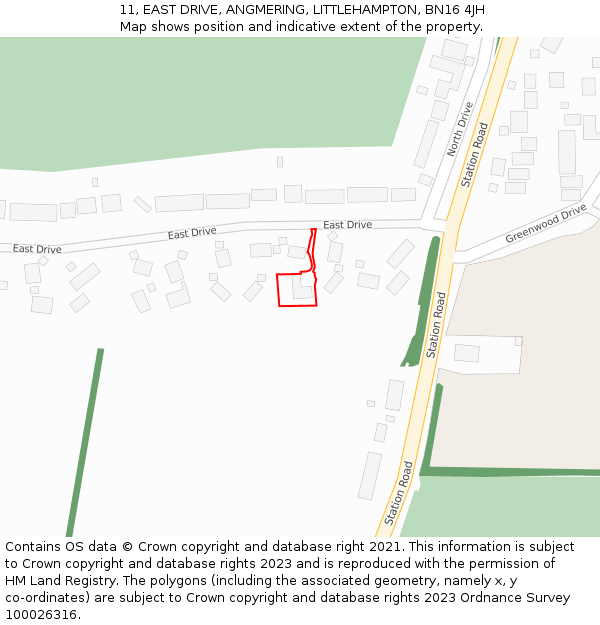 11, EAST DRIVE, ANGMERING, LITTLEHAMPTON, BN16 4JH: Location map and indicative extent of plot