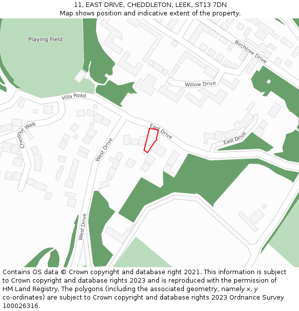 11, EAST DRIVE, CHEDDLETON, LEEK, ST13 7DN: Location map and indicative extent of plot