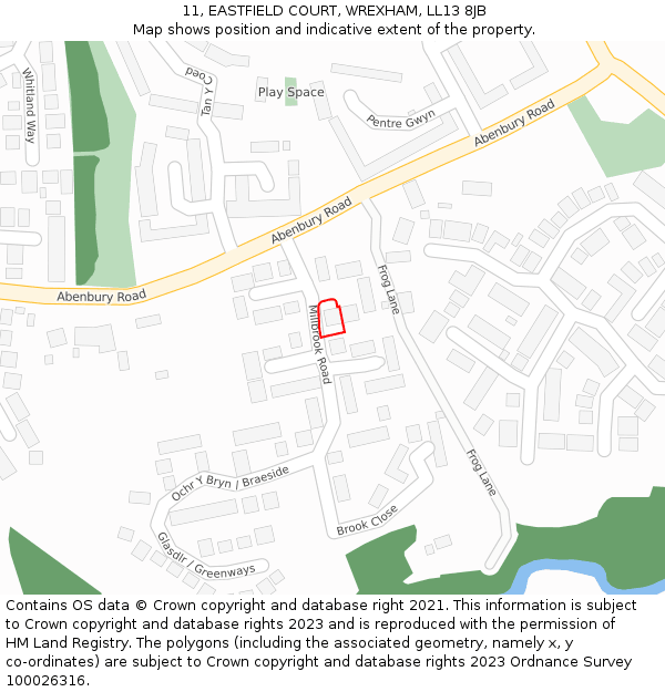 11, EASTFIELD COURT, WREXHAM, LL13 8JB: Location map and indicative extent of plot