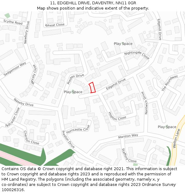 11, EDGEHILL DRIVE, DAVENTRY, NN11 0GR: Location map and indicative extent of plot