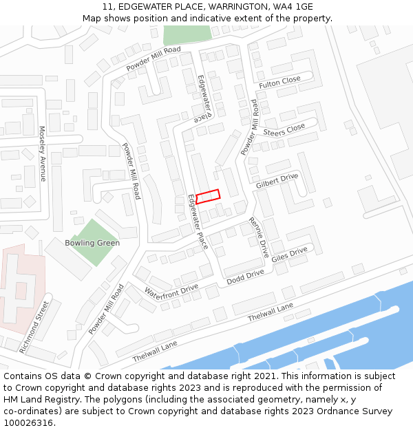 11, EDGEWATER PLACE, WARRINGTON, WA4 1GE: Location map and indicative extent of plot