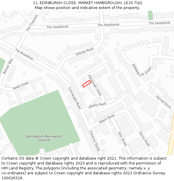 11, EDINBURGH CLOSE, MARKET HARBOROUGH, LE16 7QQ: Location map and indicative extent of plot