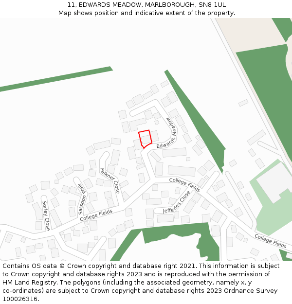 11, EDWARDS MEADOW, MARLBOROUGH, SN8 1UL: Location map and indicative extent of plot