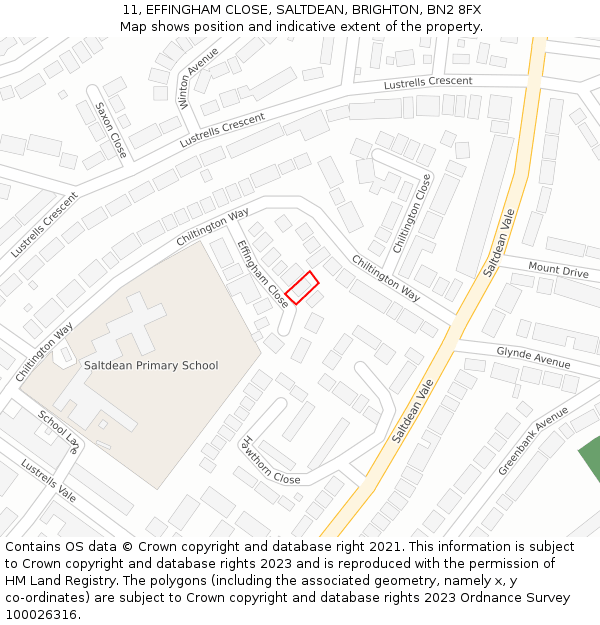 11, EFFINGHAM CLOSE, SALTDEAN, BRIGHTON, BN2 8FX: Location map and indicative extent of plot