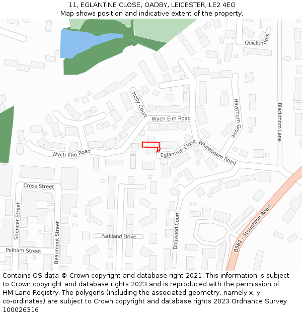 11, EGLANTINE CLOSE, OADBY, LEICESTER, LE2 4EG: Location map and indicative extent of plot