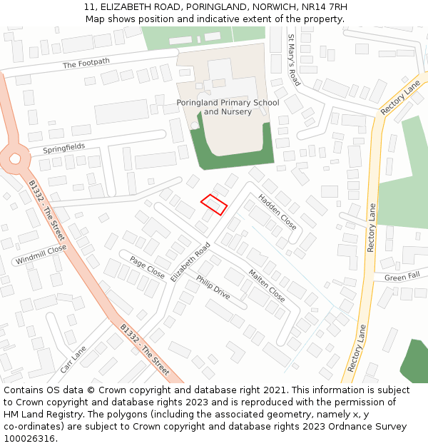 11, ELIZABETH ROAD, PORINGLAND, NORWICH, NR14 7RH: Location map and indicative extent of plot