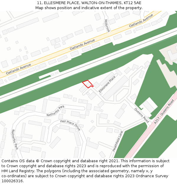 11, ELLESMERE PLACE, WALTON-ON-THAMES, KT12 5AE: Location map and indicative extent of plot