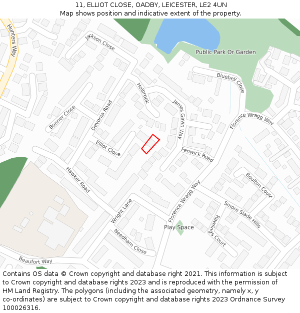 11, ELLIOT CLOSE, OADBY, LEICESTER, LE2 4UN: Location map and indicative extent of plot