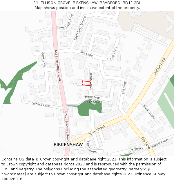 11, ELLISON GROVE, BIRKENSHAW, BRADFORD, BD11 2DL: Location map and indicative extent of plot