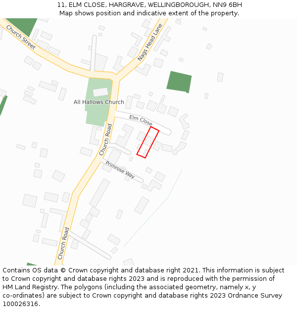 11, ELM CLOSE, HARGRAVE, WELLINGBOROUGH, NN9 6BH: Location map and indicative extent of plot