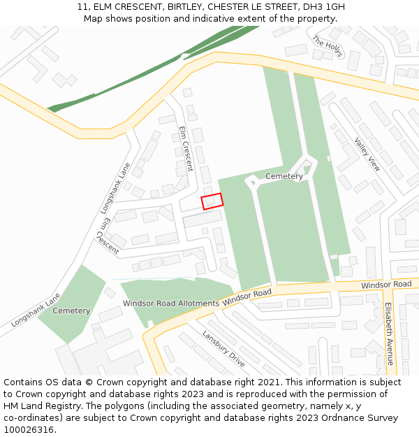 11, ELM CRESCENT, BIRTLEY, CHESTER LE STREET, DH3 1GH: Location map and indicative extent of plot