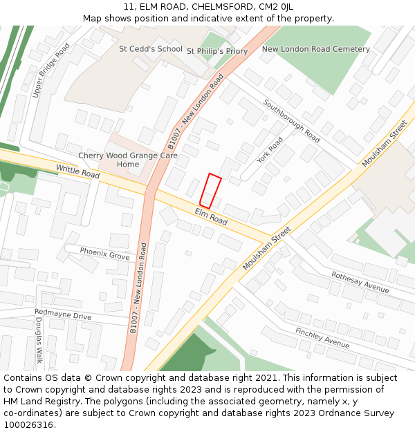 11, ELM ROAD, CHELMSFORD, CM2 0JL: Location map and indicative extent of plot