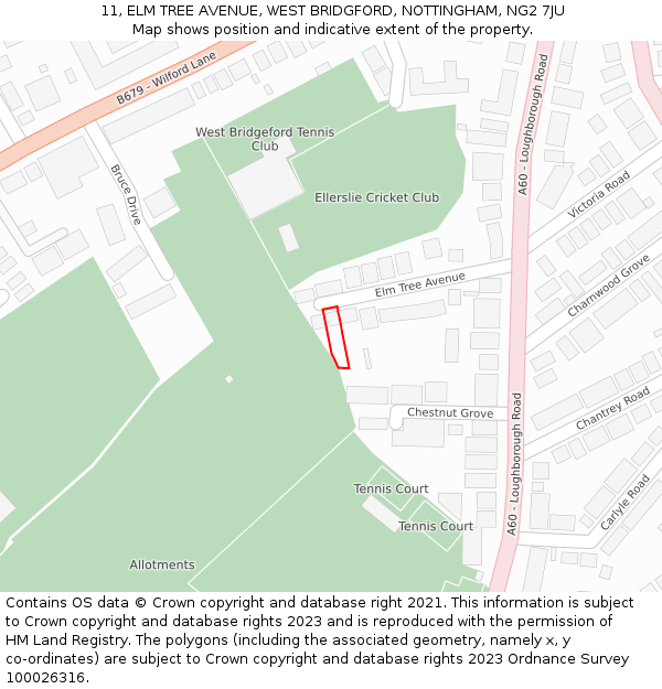 11, ELM TREE AVENUE, WEST BRIDGFORD, NOTTINGHAM, NG2 7JU: Location map and indicative extent of plot