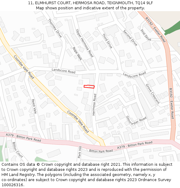 11, ELMHURST COURT, HERMOSA ROAD, TEIGNMOUTH, TQ14 9LF: Location map and indicative extent of plot
