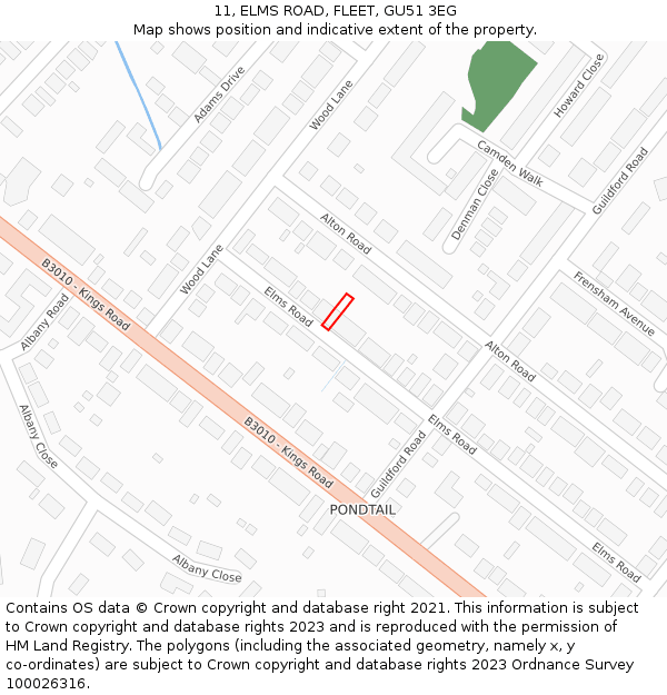 11, ELMS ROAD, FLEET, GU51 3EG: Location map and indicative extent of plot