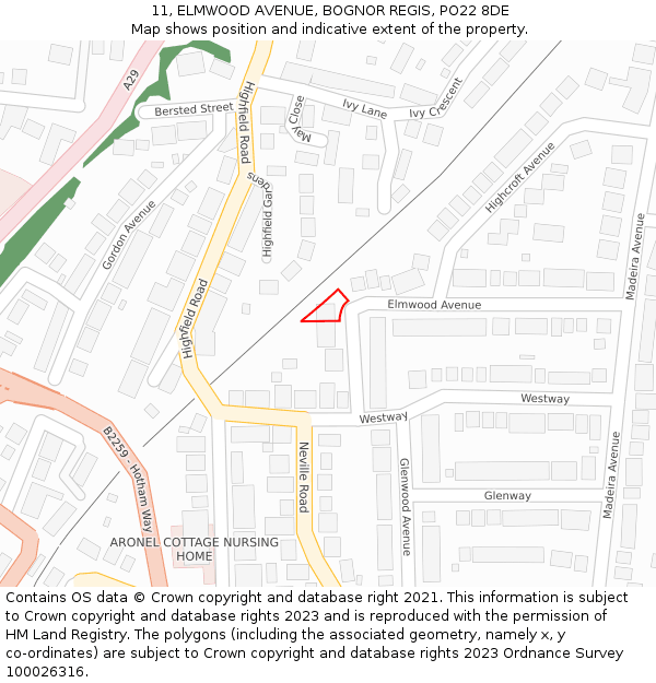 11, ELMWOOD AVENUE, BOGNOR REGIS, PO22 8DE: Location map and indicative extent of plot