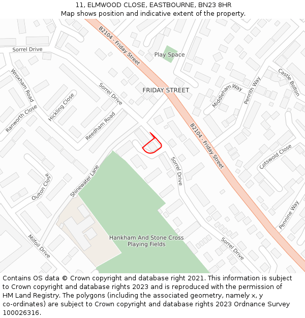 11, ELMWOOD CLOSE, EASTBOURNE, BN23 8HR: Location map and indicative extent of plot