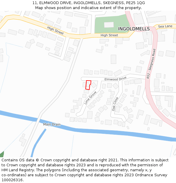 11, ELMWOOD DRIVE, INGOLDMELLS, SKEGNESS, PE25 1QG: Location map and indicative extent of plot