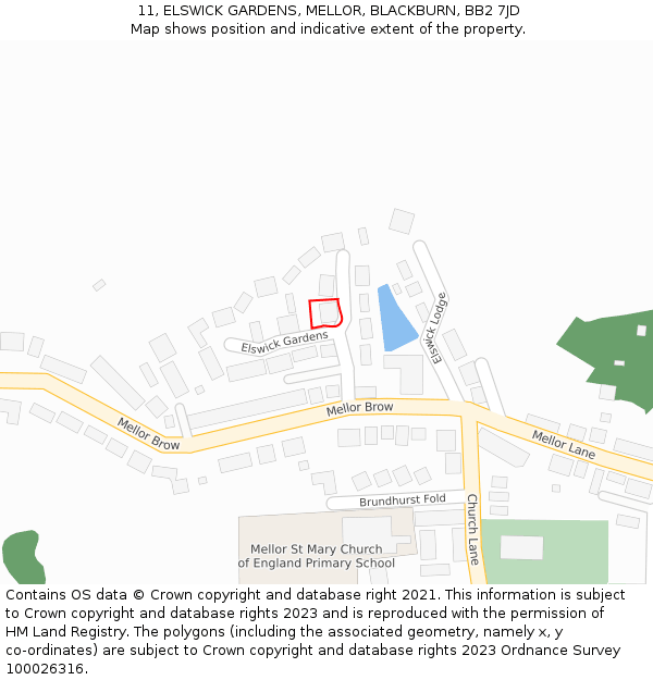 11, ELSWICK GARDENS, MELLOR, BLACKBURN, BB2 7JD: Location map and indicative extent of plot