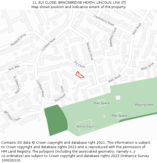 11, ELY CLOSE, BRACEBRIDGE HEATH, LINCOLN, LN4 2TJ: Location map and indicative extent of plot