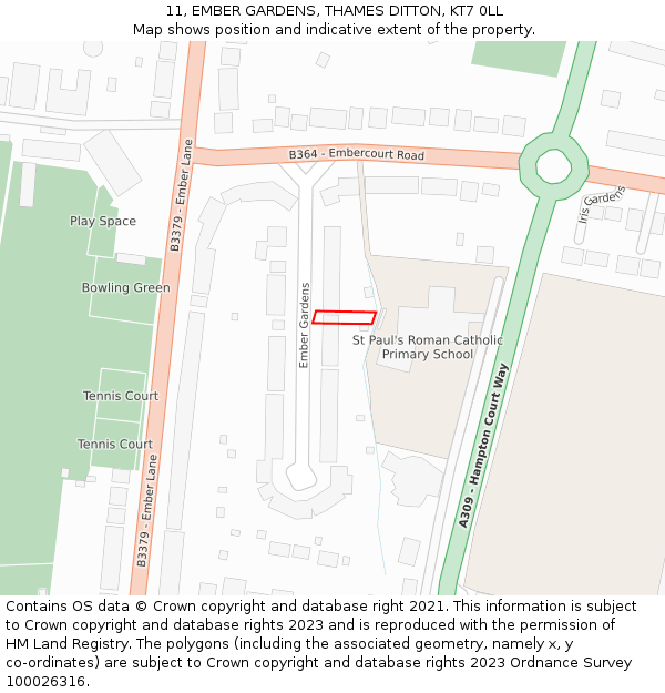 11, EMBER GARDENS, THAMES DITTON, KT7 0LL: Location map and indicative extent of plot