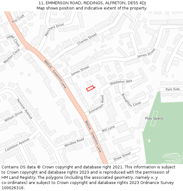 11, EMMERSON ROAD, RIDDINGS, ALFRETON, DE55 4DJ: Location map and indicative extent of plot