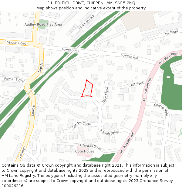 11, ERLEIGH DRIVE, CHIPPENHAM, SN15 2NQ: Location map and indicative extent of plot