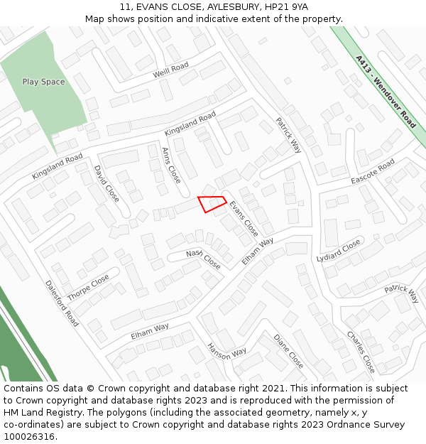 11, EVANS CLOSE, AYLESBURY, HP21 9YA: Location map and indicative extent of plot