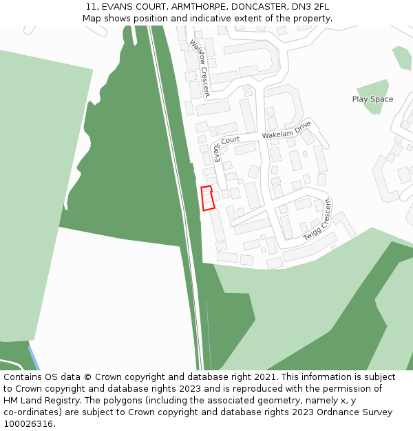 11, EVANS COURT, ARMTHORPE, DONCASTER, DN3 2FL: Location map and indicative extent of plot