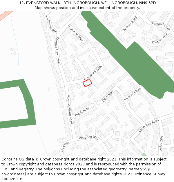 11, EVENSFORD WALK, IRTHLINGBOROUGH, WELLINGBOROUGH, NN9 5PD: Location map and indicative extent of plot