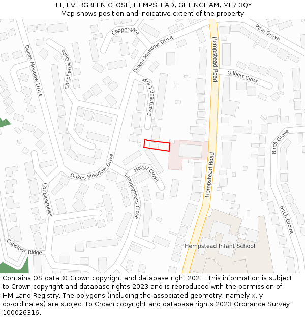 11, EVERGREEN CLOSE, HEMPSTEAD, GILLINGHAM, ME7 3QY: Location map and indicative extent of plot