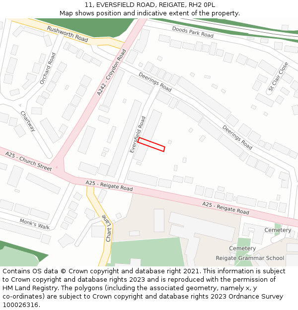 11, EVERSFIELD ROAD, REIGATE, RH2 0PL: Location map and indicative extent of plot