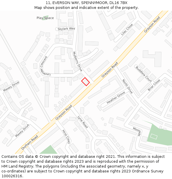 11, EVERSON WAY, SPENNYMOOR, DL16 7BX: Location map and indicative extent of plot