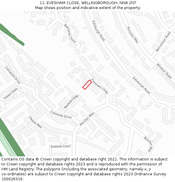 11, EVESHAM CLOSE, WELLINGBOROUGH, NN8 2NT: Location map and indicative extent of plot