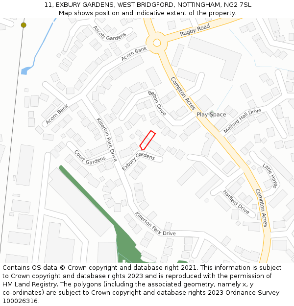 11, EXBURY GARDENS, WEST BRIDGFORD, NOTTINGHAM, NG2 7SL: Location map and indicative extent of plot