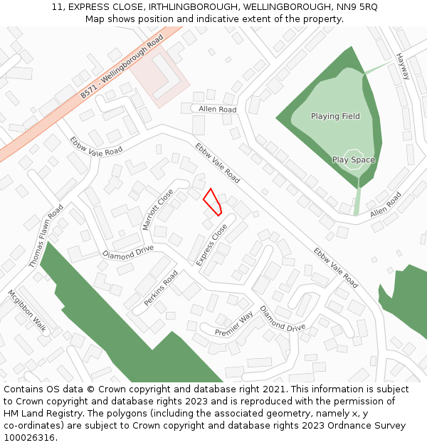 11, EXPRESS CLOSE, IRTHLINGBOROUGH, WELLINGBOROUGH, NN9 5RQ: Location map and indicative extent of plot