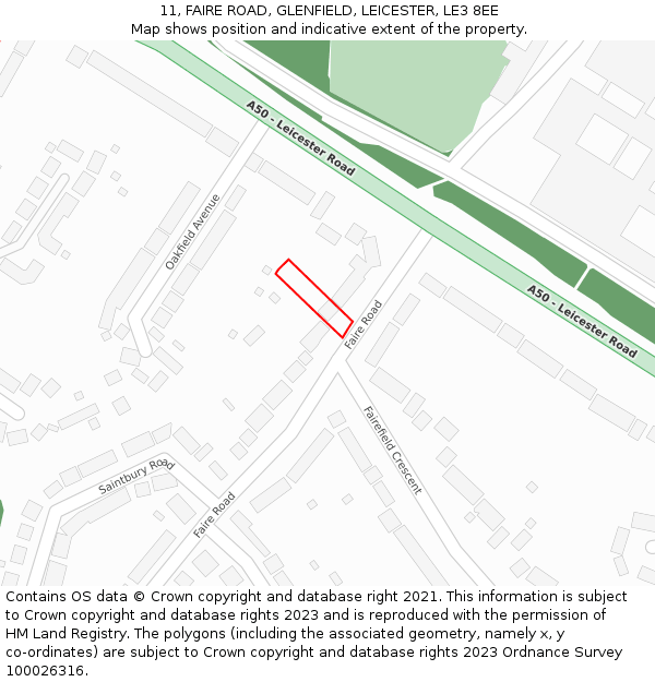 11, FAIRE ROAD, GLENFIELD, LEICESTER, LE3 8EE: Location map and indicative extent of plot