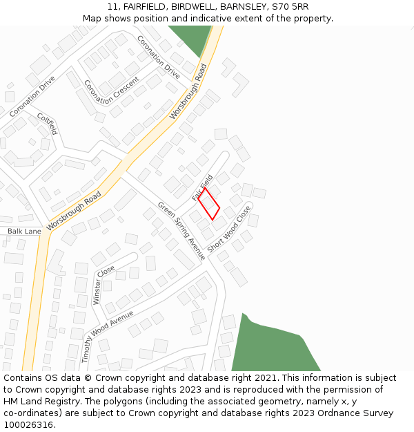 11, FAIRFIELD, BIRDWELL, BARNSLEY, S70 5RR: Location map and indicative extent of plot