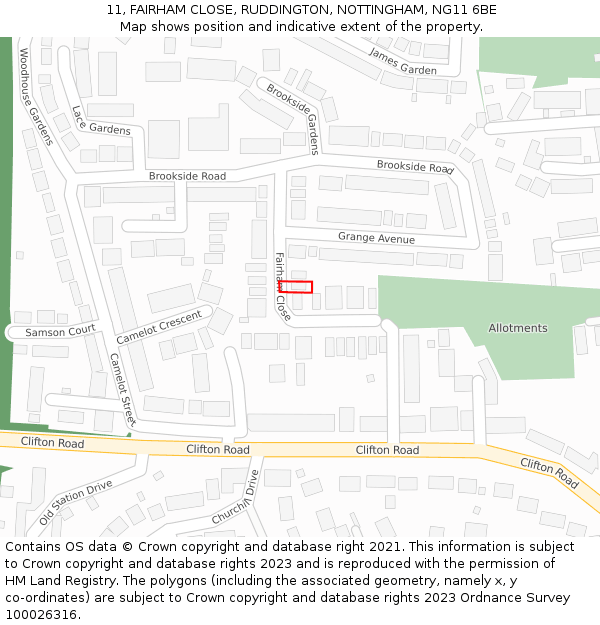 11, FAIRHAM CLOSE, RUDDINGTON, NOTTINGHAM, NG11 6BE: Location map and indicative extent of plot