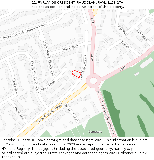 11, FAIRLANDS CRESCENT, RHUDDLAN, RHYL, LL18 2TH: Location map and indicative extent of plot