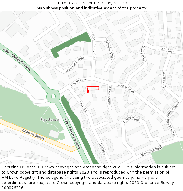 11, FAIRLANE, SHAFTESBURY, SP7 8RT: Location map and indicative extent of plot