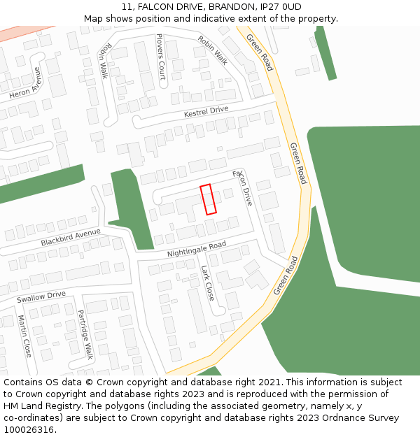11, FALCON DRIVE, BRANDON, IP27 0UD: Location map and indicative extent of plot