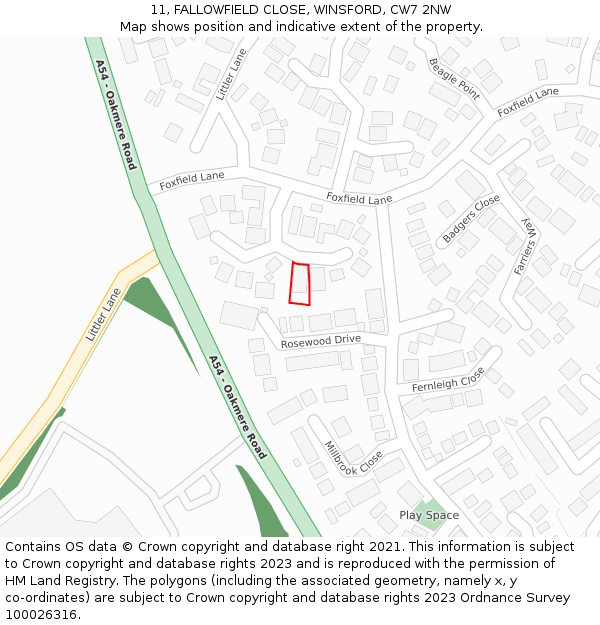 11, FALLOWFIELD CLOSE, WINSFORD, CW7 2NW: Location map and indicative extent of plot
