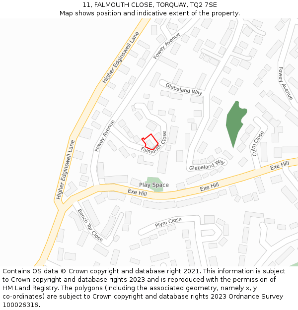 11, FALMOUTH CLOSE, TORQUAY, TQ2 7SE: Location map and indicative extent of plot