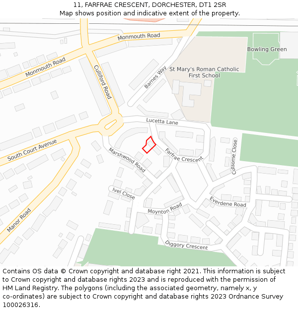 11, FARFRAE CRESCENT, DORCHESTER, DT1 2SR: Location map and indicative extent of plot