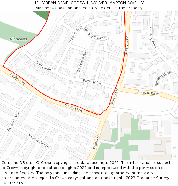 11, FARRAN DRIVE, CODSALL, WOLVERHAMPTON, WV8 1FA: Location map and indicative extent of plot