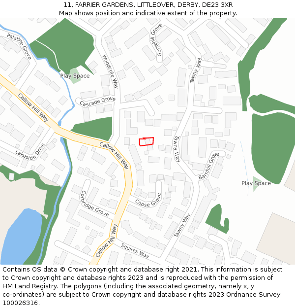 11, FARRIER GARDENS, LITTLEOVER, DERBY, DE23 3XR: Location map and indicative extent of plot