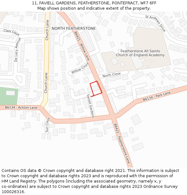 11, FAVIELL GARDENS, FEATHERSTONE, PONTEFRACT, WF7 6FF: Location map and indicative extent of plot